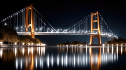 Fototapeta premium Stunning view of a long wooden bridge beside tranquil waters, surrounded by greenery and a beautiful purple sky at sunset
