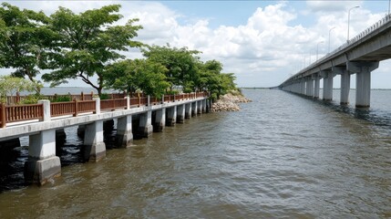 Stunning view of a long wooden bridge beside tranquil waters, surrounded by greenery and a beautiful purple sky at sunset