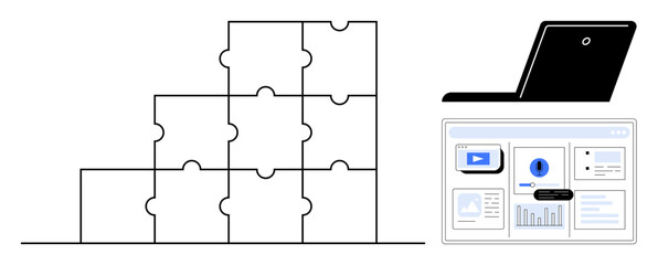Puzzle blocks arranged in a pyramid, a laptop, and a dashboard with analytics and media icons. Ideal for teamwork, strategy, data analysis, digital solutions, learning, problem-solving simple flat