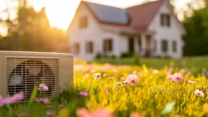 Air conditioner outdoor unit in green field. Residential home with solar panels. Climate control and efficient cooling footage.