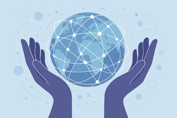 Hands holding a world globe with network connections. Concept for global communication, innovative technology, internet, data sharing, and globalization. Flat vector cartoon.