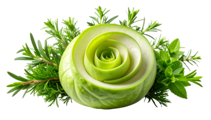  “Chayote Fruit with Spiral Cut and Herb Garnish, Creative Food Art Concept, PNG”.