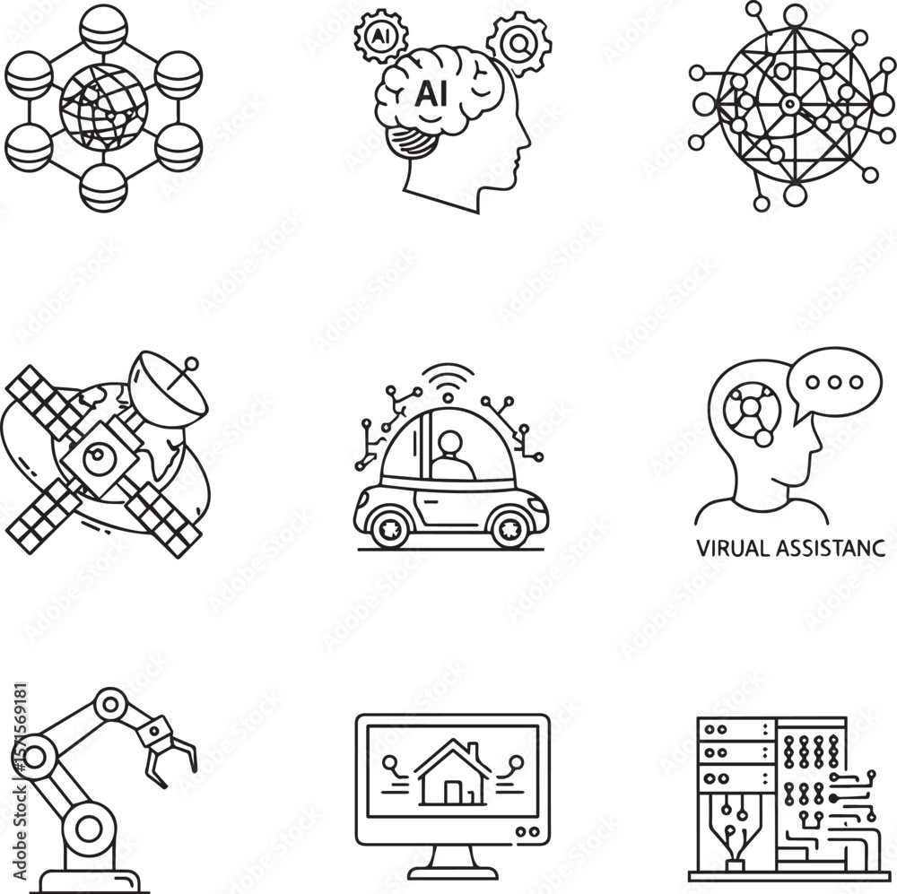 Poster technology concepts artificial intelligence network satellite car robot computer server vector