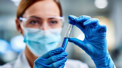 Female scientist in laboratory holding test tube with blue liquid sample. Medical research professional conducting chemical analysis with protective equipment and safety gear in clinical setting. - Powered by Adobe