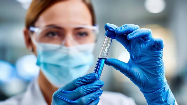 Female scientist in laboratory holding test tube with blue liquid sample. Medical research professional conducting chemical analysis with protective equipment and safety gear in clinical setting. - Powered by Adobe