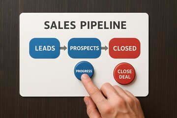 A visual depiction of the sales pipeline with hand pointing towards process, capturing the structured stages from leads to closed deals.