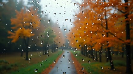 Raindrops on glass with fall forest — horizontal cozy template for blogs, branding, and ads.