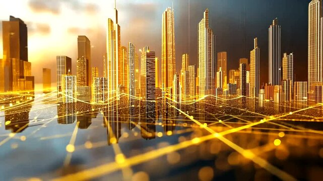 Golden Cityscape with Network Connection, a futuristic skyline with glowing gridlines and golden towers