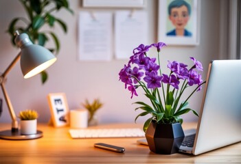 Fototapeta premium Home Office Desk Setup with Purple Flowers and Warm Lighting, Cozy home office workspace