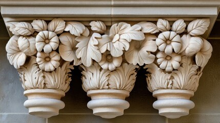 Ornate stone capitals with floral and leaf carvings