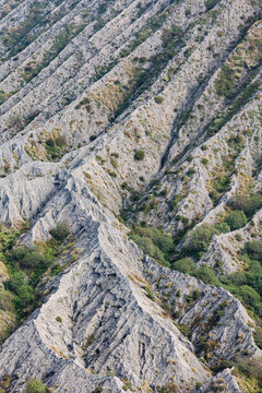 View of the dramatic, textured terrain of a volcanic landscape, where sharp ridges and soft vegetation create a striking contrast, Mount Bromo Volcano, East Java, Indonesia.