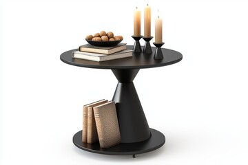 Modern black side table with round top and one shelf holding candles, books, and nuts on white background, isolated 3D rendering