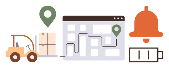Forklift loading boxes, map route with location pins, alert bell, and battery icon. Ideal for logistics, delivery systems, supply chain, warehouse management, navigation efficiency notifications