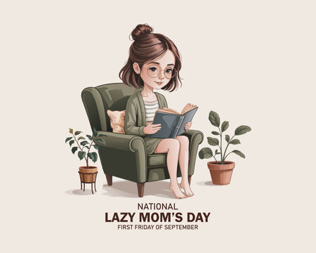 National Lazy Mom's Day vector. Woman resting with hands behind her head vector. Lazy Mom's Day Poster, first Friday of September.