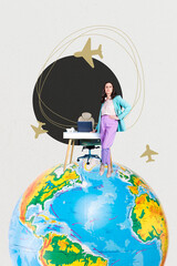 Vertical poster artwork collage of happy girl guy stand earth planet geolocation icon summer moving...