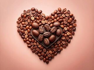 A heart shape is formed by coffee beans, some of which are arranged in a heartshaped bowl, set against a soft pink backdrop, creating a warm and inviting scene