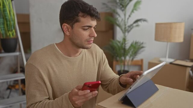 Man holds tablet and uses touch controls in home space while young hispanic tenant organizes moving boxes using smartphone technology.