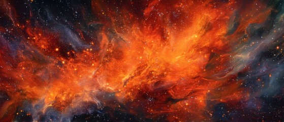 An abstract depiction of a cosmic nebula, showcasing a vibrant interplay of fiery colors