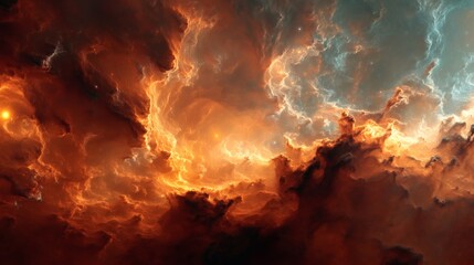 A captivating view of a celestial display filled with vibrant colors and swirling formations. The clouds are awash in hues of red, orange, and hints of blue.