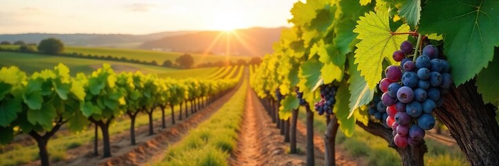 Naklejka premium Sun-Drenched Vineyard Ready for Harvest Lush Grapevines Heavy with Ripe Grapes, bathed in golden sunlight, showcasing the picturesque beauty of a bountiful autumn harvest.