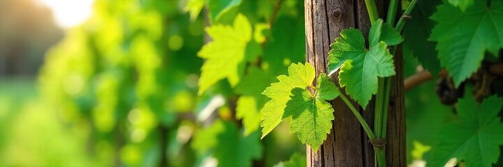 Sun-Dappled Grape Vines Winding Around Rustic Post, Lush Foliage, Close-Up