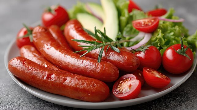 Sausage, avocado, and boiled eggs arranged on a plate with fresh salad against a minimalistic grey concrete backdrop - Powered by Adobe