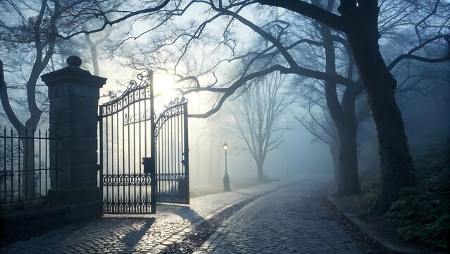 Mysterious open wrought iron gate leading down a foggy cobblestone path lined with trees