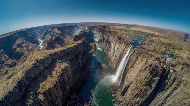Drone view capturing the vast scale of a massive waterfall within a grand canyon, surrounding untouched wilderness, clear blue sky, breathtaking aerial perspective, cinematic quality