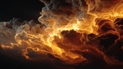 Dramatic fiery clouds in a dark sky. The image captures the power and beauty of nature, with an intense contrast of light and shadow