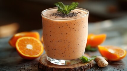 Peachy orange smoothie topped with chia seeds and mint