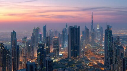 Panoramic view of a sprawling metropolis skyline from a high vantage point at dusk, city lights twinkling on, a sense of vastness and progress, serene yet powerful atmosphere, ultra-realistic