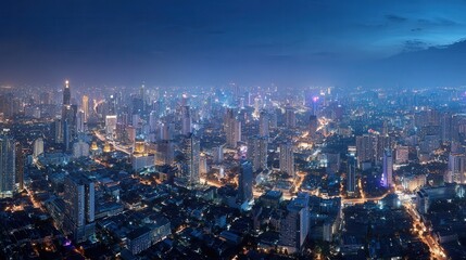 Panoramic view of a sprawling metropolis skyline from a high vantage point at dusk, city lights twinkling on, a sense of vastness and progress, serene yet powerful atmosphere, ultra-realistic