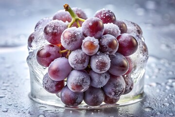 A cluster of red grapes, covered in frost and ice, sits in a glass bowl, creating a refreshing and visually striking image with a cool, wintery feel