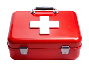 Fototapeta premium Red metal first aid kit with white cross and black handle centered on black background isolated on a transparent background