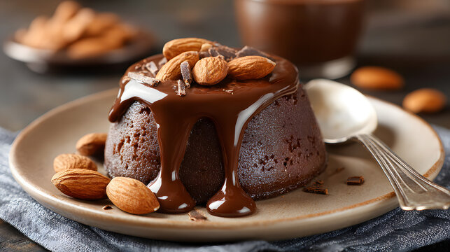 National Chocolate Pudding Day, a plate of chocolate pudding with melted chocolate sauce and roasted almonds on the side. In the kitchen background, looks delicious.