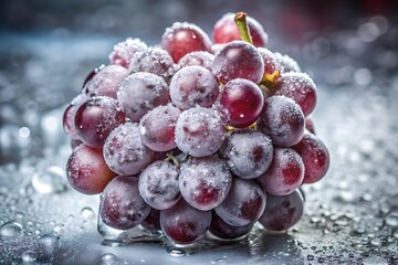 Iced red grapes, glistening with water droplets, are presented in a closeup studio shot, highlighting their freshness and creating a visually appealing and refreshing image