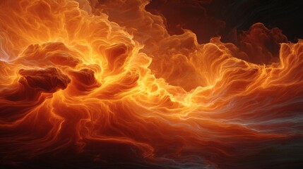 Fiery clouds fill the sky, evoking a sense of raw power and intensity. The clouds glow with warm colors, suggesting heat and energy.