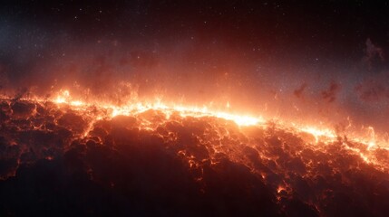 Fiery skies burning with a bright, dramatic glow above dark clouds. The vibrant, warm color creates a striking contrast against the dark background