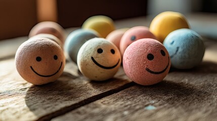 Colorful smiley faces on wooden surface