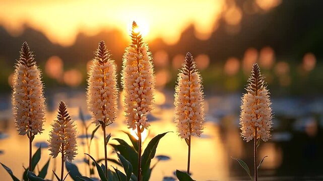 Golden hour floral display featuring blooming foxtail lilies at waters edge