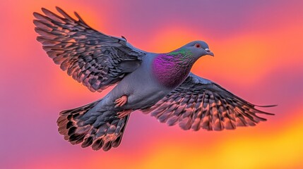 Pigeon in flight against sunset