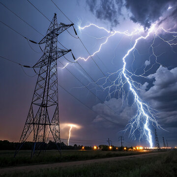 Dramatic lightning strikes over a town