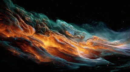 Vibrant cosmic clouds in the outer space with bright orange and teal lights