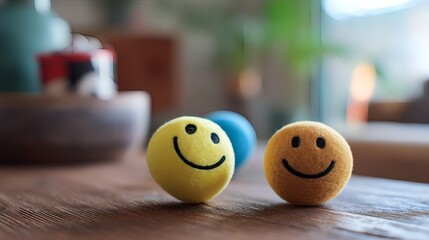 Three smiling faces symbolizing happiness on a wooden surface, evoking a sense of joy and positivity. The smiley faces vary in color and arrangement