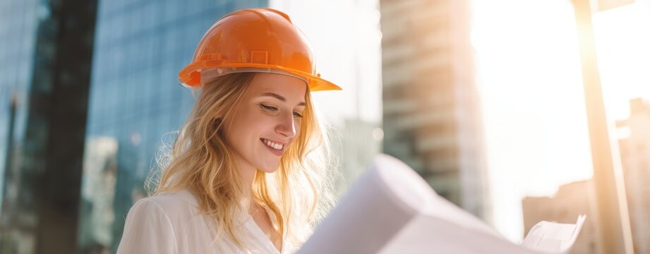 The woman in a hardhat reviewing construction plans in an urban environment.