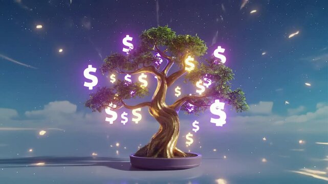A bonsai tree with $ signs as leaves, serene background, peaceful wealth NFT loop