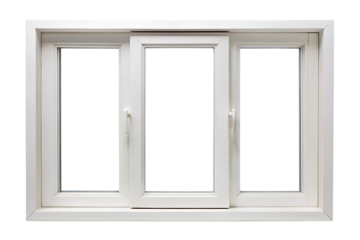 White three pane sliding vinyl window with square frame and handles isolated on a transparent background