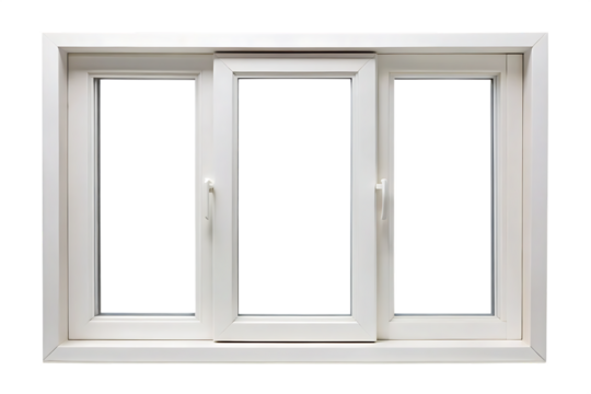 White three pane sliding vinyl window with square frame and handles isolated on a transparent background