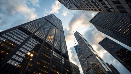 Modern skyscrapers reaching towards a cloudy sky at dusk