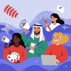 Diverse People with Megaphone and Laptop – Vector Illustration